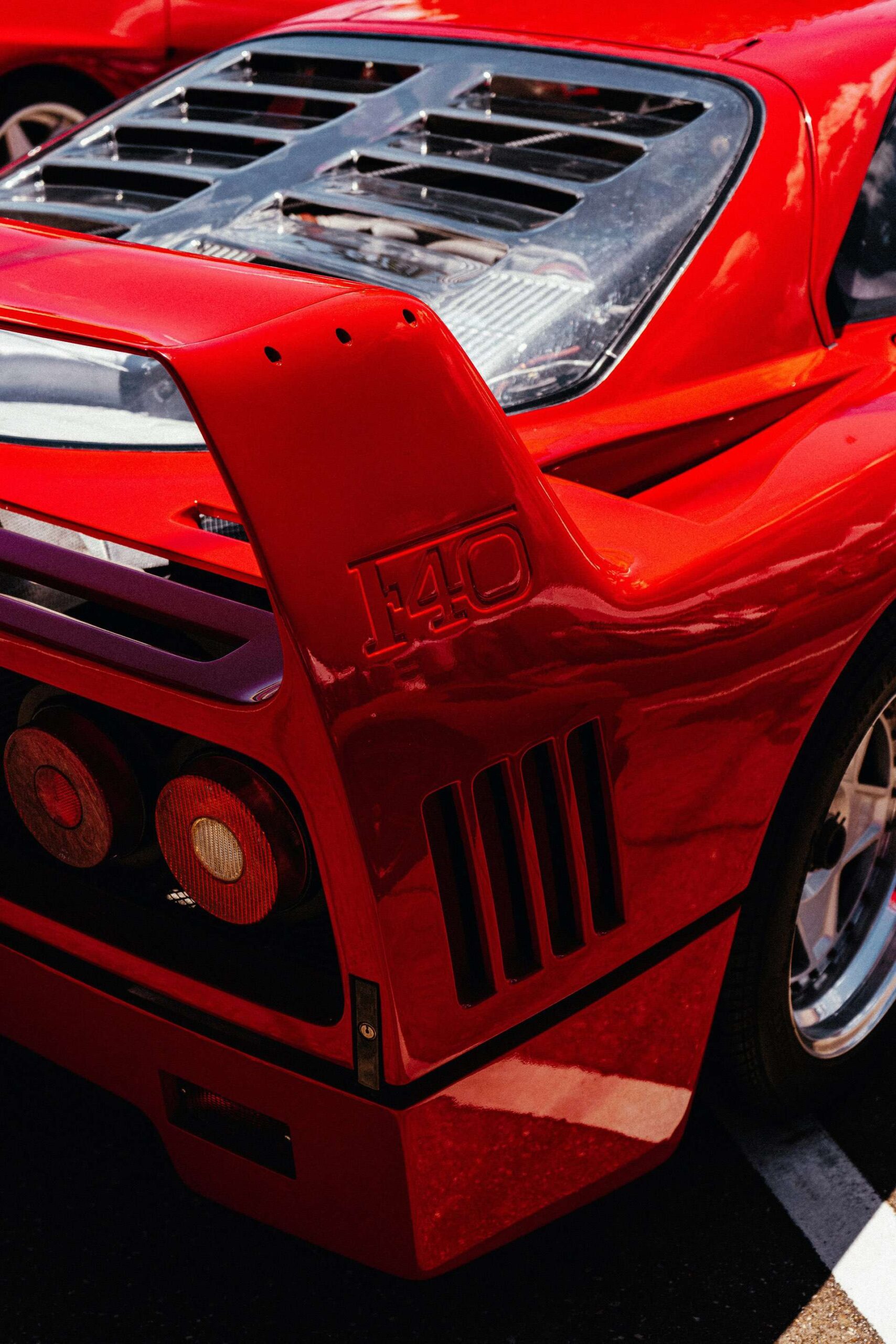 Rear end close up shot of a Ferrari F40 with spoiler in shot.