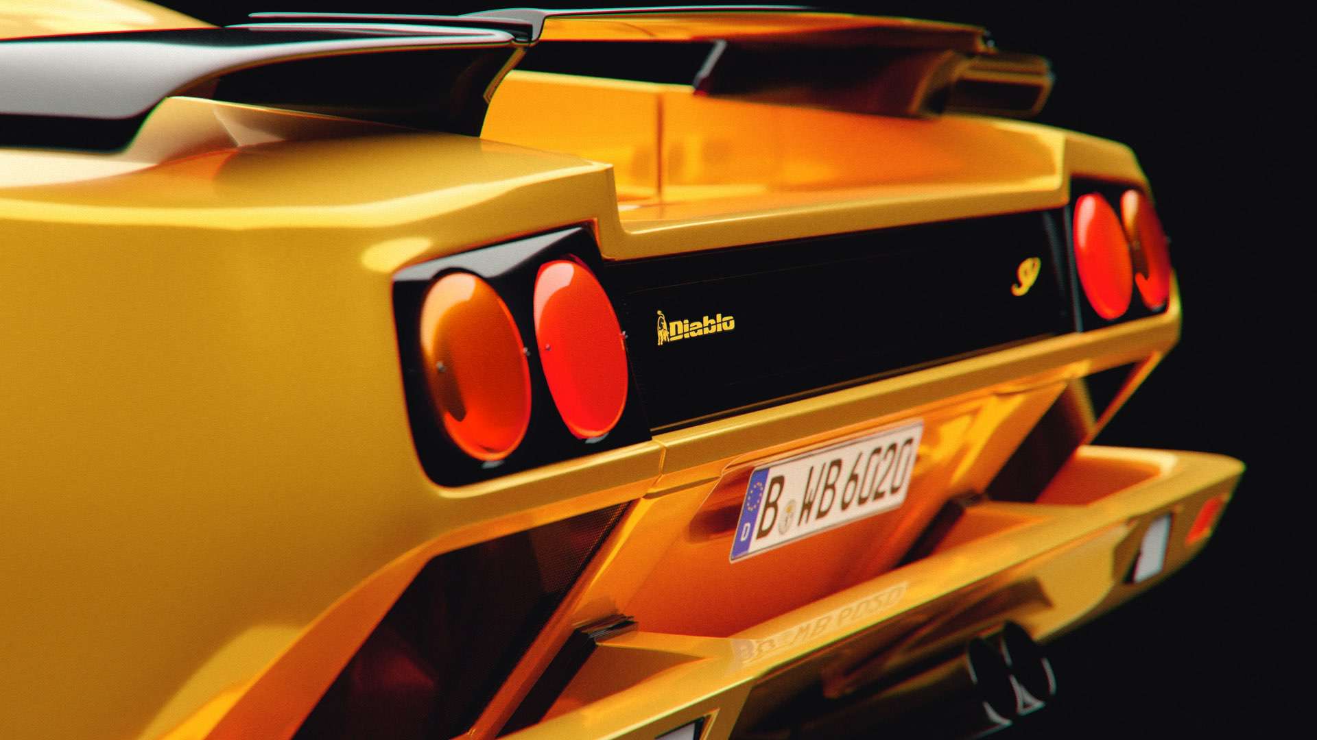 Close up shot of a Lamborghini Diablo with exhaust system and spoiler on show.