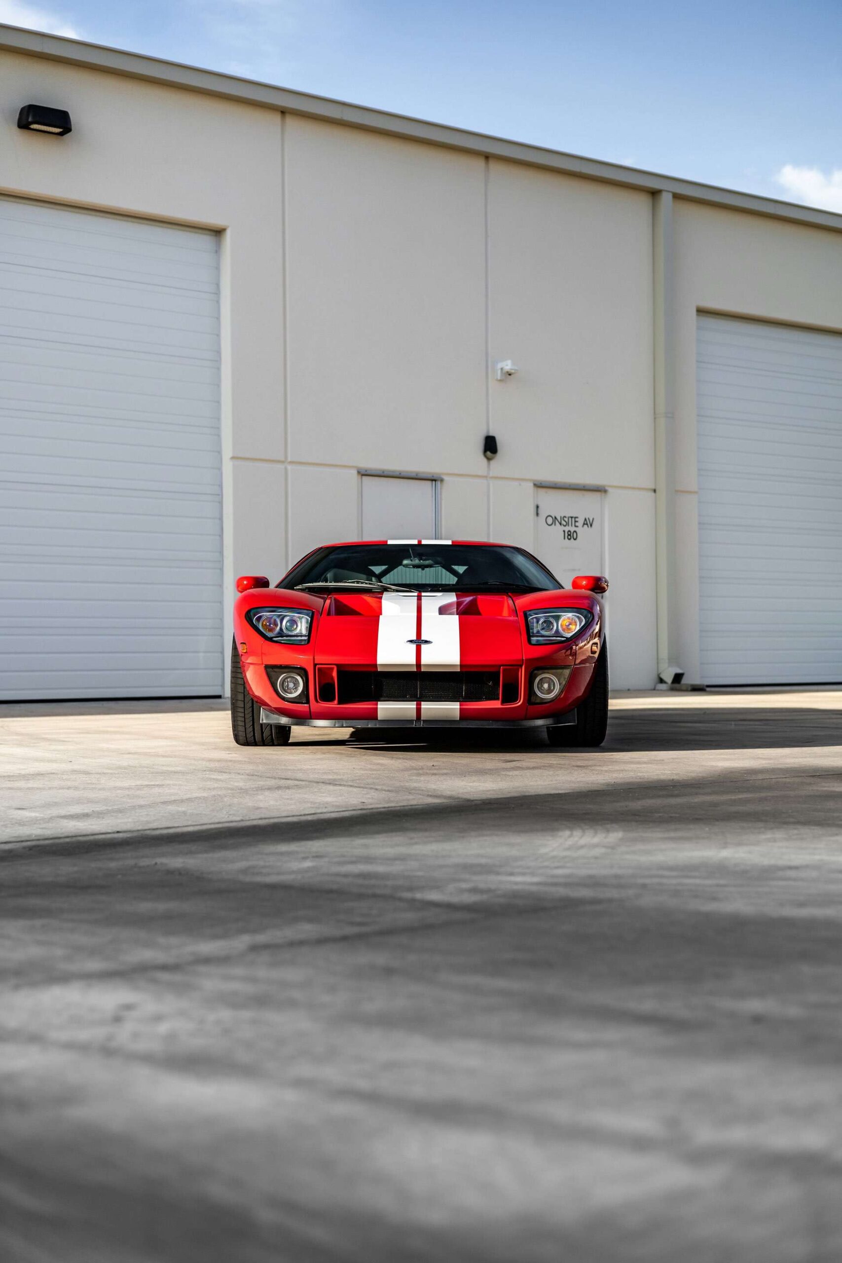 Front view of a Ford GT highlighting its aggressive stance and aerodynamics.