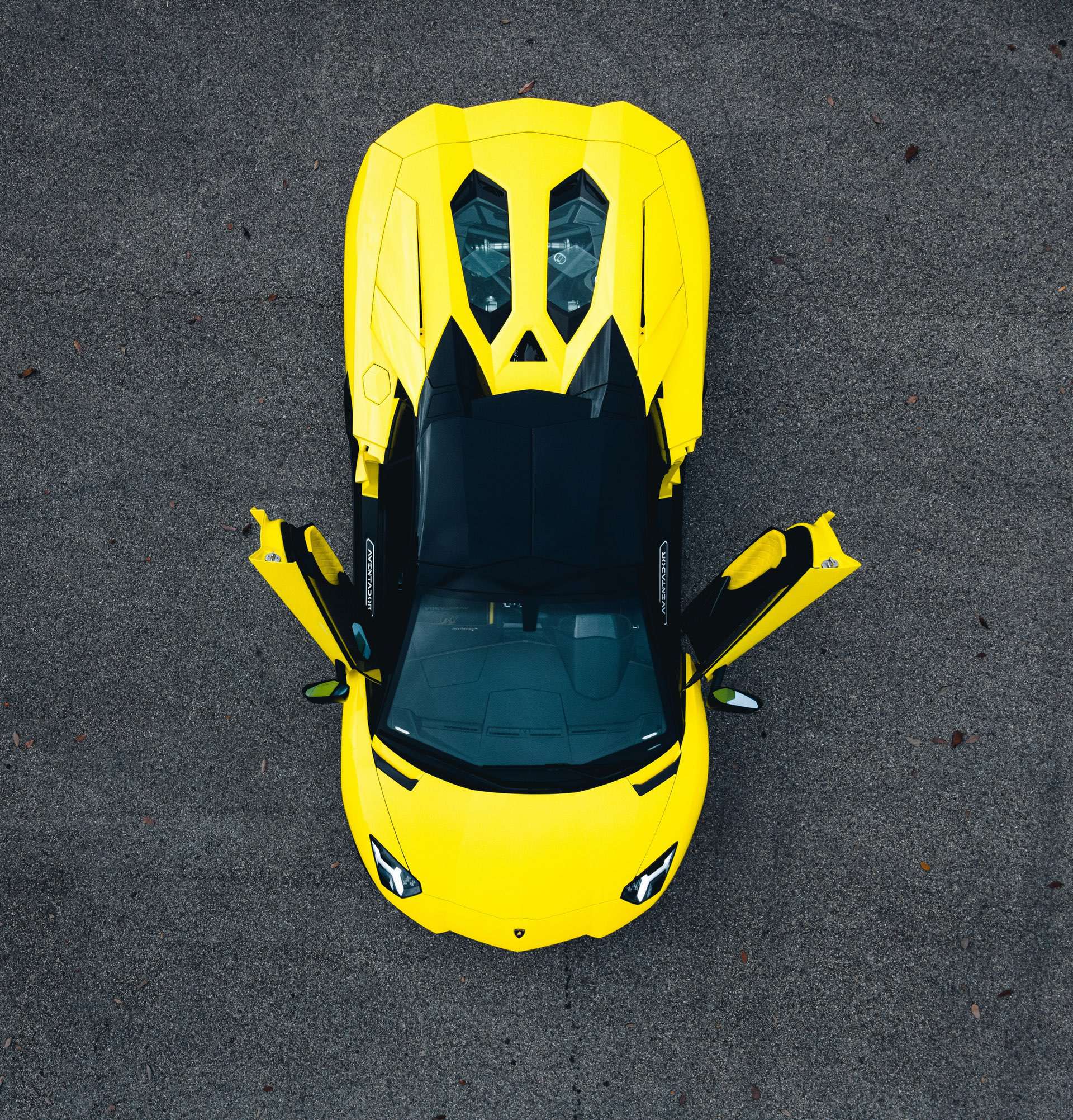 Birdseye view of a Lamborghini sports car with the doors open.