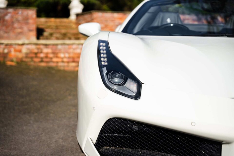 Close-up of a high-performance Ferrari luxury sports car.