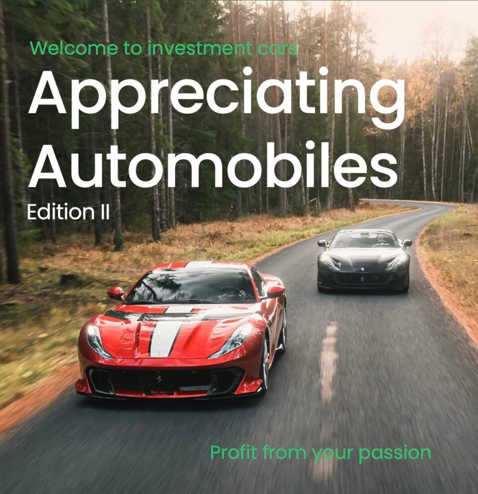Two Ferrari's driving down a road through a forrest, with text overlayed "appreciating automobiles".