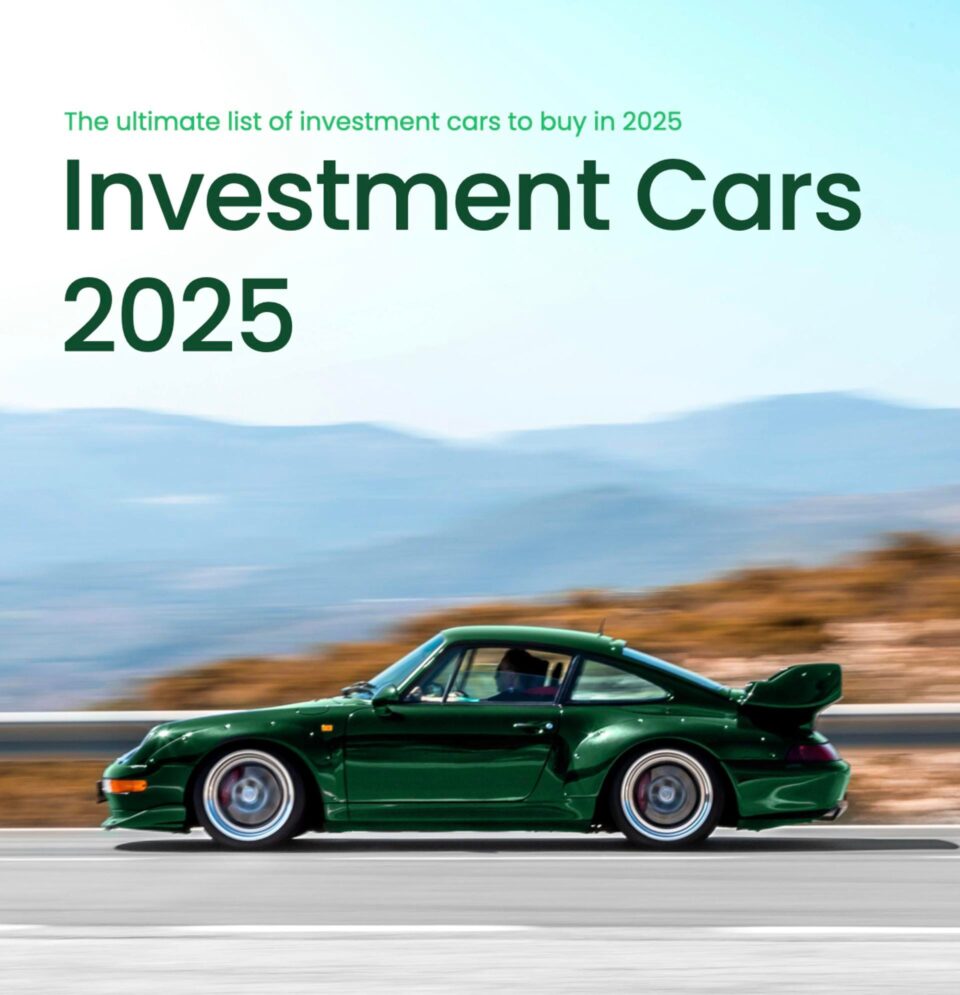 Side profile of a Porsche with writing overlayed "Investment Cars 2025".