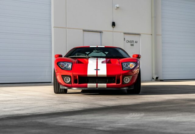 Front view of a Ford GT highlighting its aggressive stance and aerodynamics.